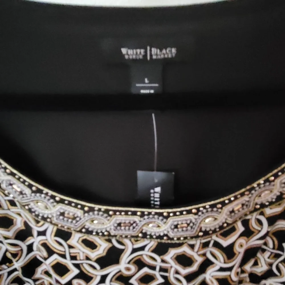 WHBM Black/Gold/White Metallic Midi Dress Embellished w/ Rhinestones. Size L - Picture 5 of 11
